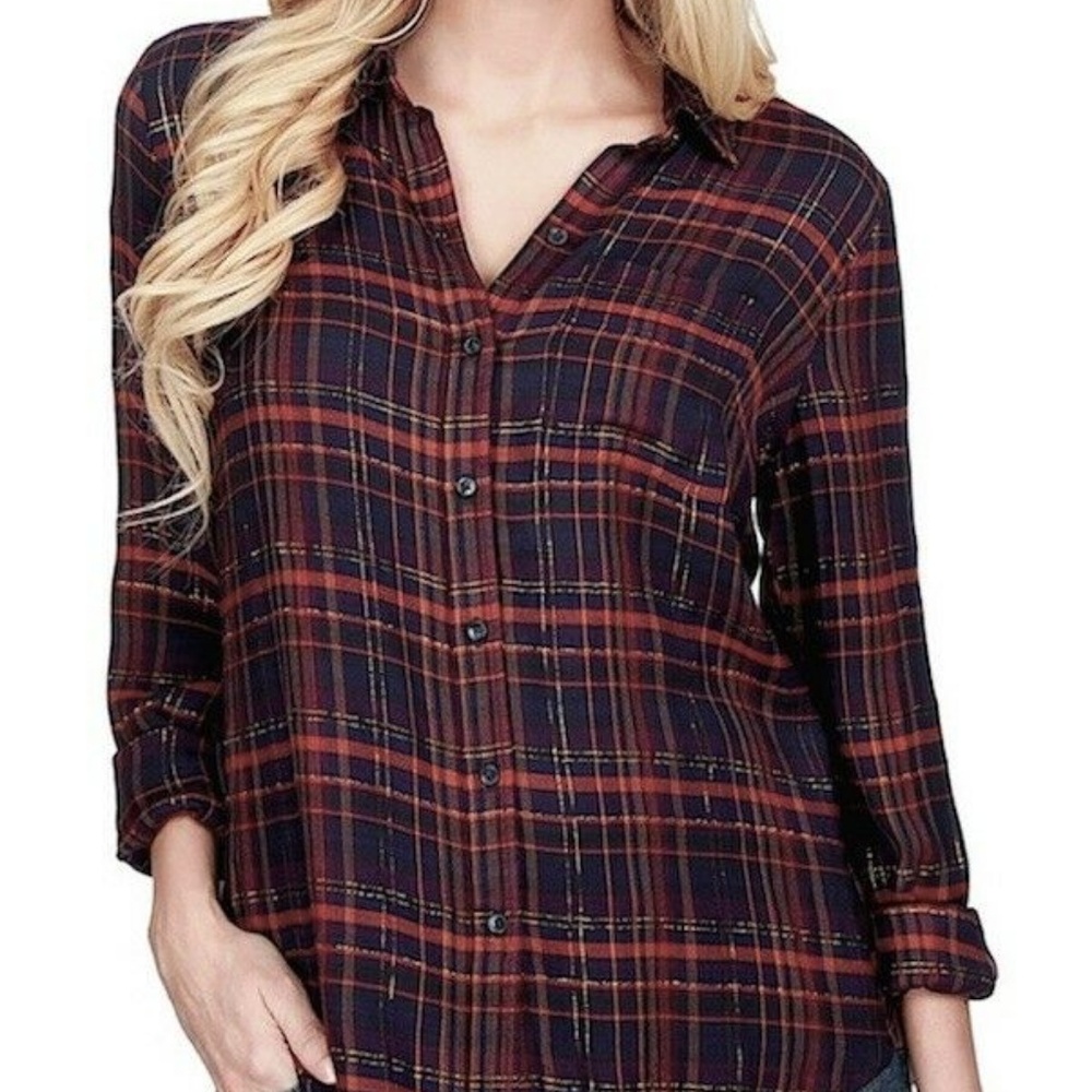 Lucky Brand Plaid Button Down Gold Thread Size XS.